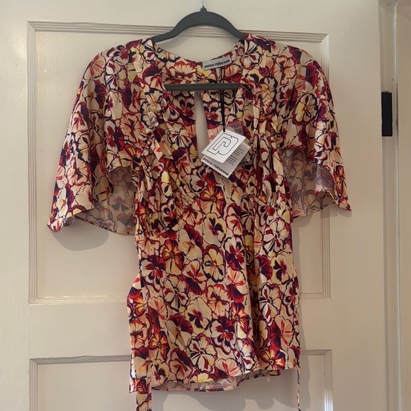 Paco Rabanne Sunny Pansy Print Cape-sleeve Satin top - Picture 4 of 5